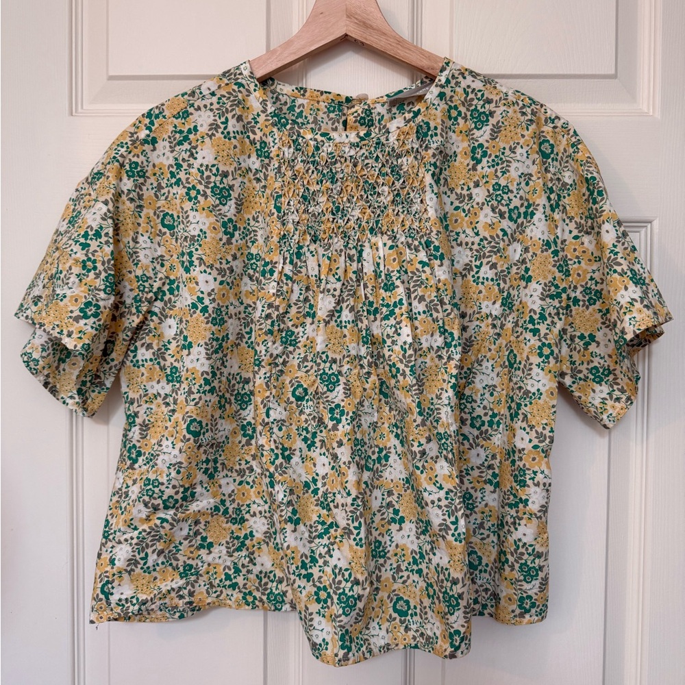Everlane Yellow & Green Floral Smocked Cotton Top